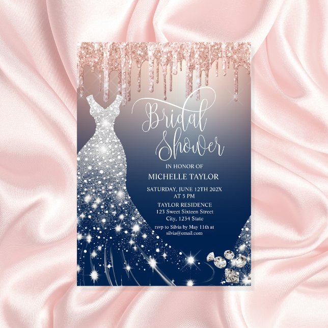 Modern Chick Rose Gold Navy Glitter Wedding Dress Invitation (Creator Uploaded)
