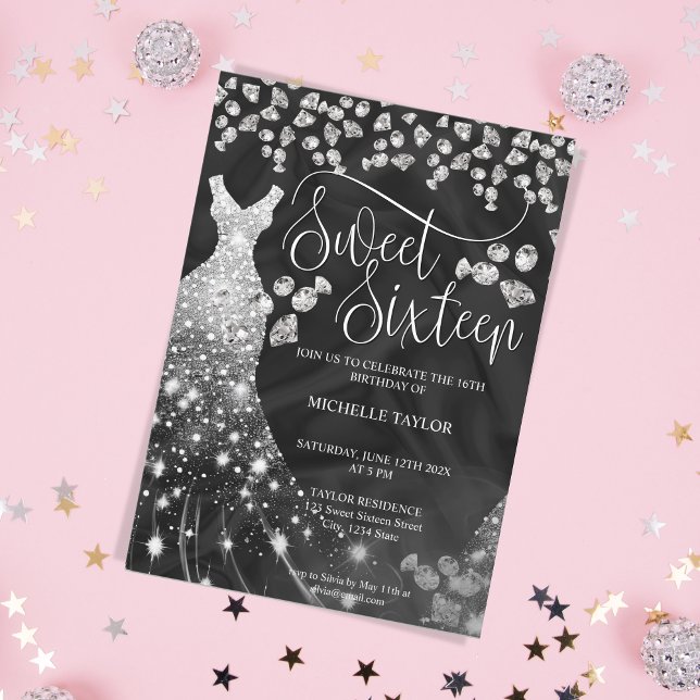 Modern Chick Silver Glitter Sweet 16 Invitation (silver glitter diamond dress birthday invitation
)