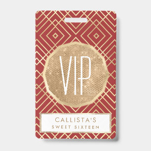 Modern Chinese Red Art Deco Geometric Pattern ID Badge
