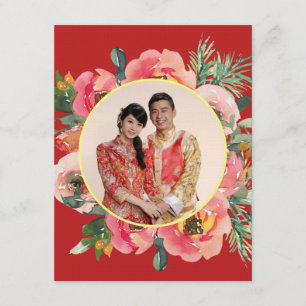 Modern Chinese wedding photo floral wreath Enclosure Card