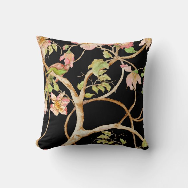 Modern Chinoiserie Floral Blush Black Bird Tree Cushion (Front)