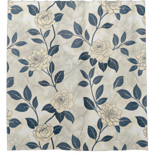 Modern Chinoiserie Ivory Rose Navy Botanical Shower Curtain