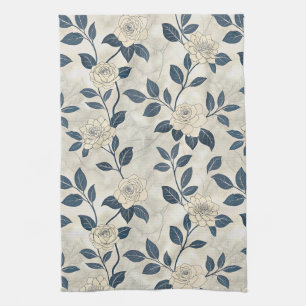 Modern Chinoiserie Ivory Rose Navy Botanical Tea Towel