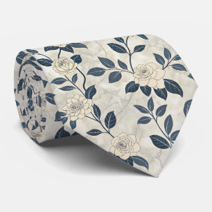 Modern Chinoiserie Ivory Rose Navy Botanical Tie