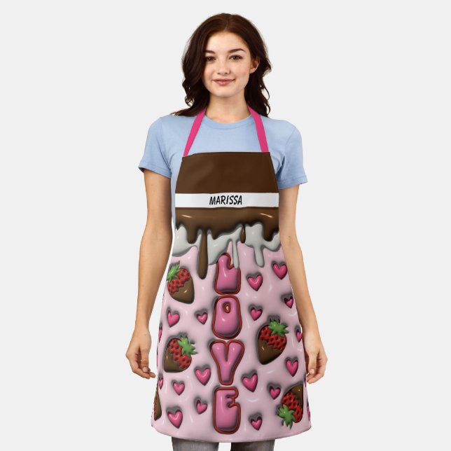 Modern Chocolate and Strawberry Love Name  Apron (Worn)