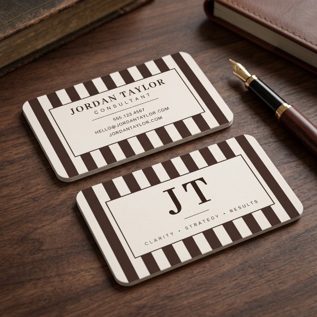 Modern Chocolate Brown Striped Monogram Business Card (Simulated business cards on table)