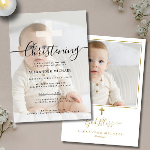 Modern Christening Baptism Photo Gold Cross Invitation
