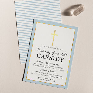 MODERN CHRISTENING gold foil cross cute baby blue Invitation