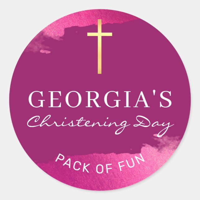 MODERN CHRISTENING gold foil cross dark pink Classic Round Sticker (Front)