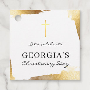 MODERN CHRISTENING gold foil cross welcome sign Favour Tags