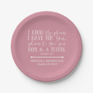 Modern Christian Bible Verse Blush Pink Graduation Paper Plate