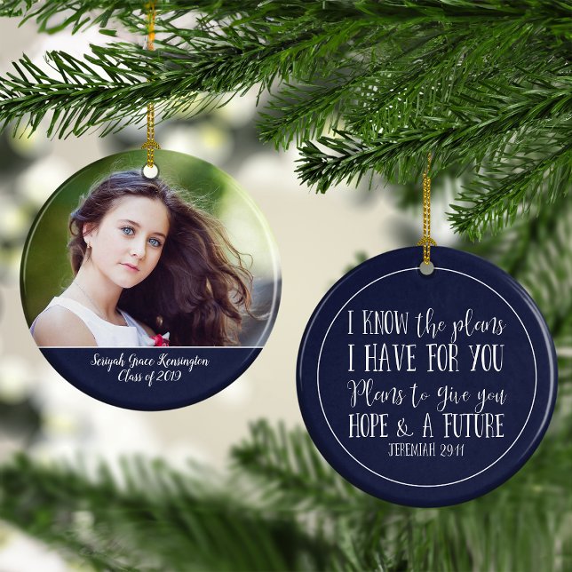Modern Christian Bible Verse Graduation Photo Ceramic Tree Decoration (Creator Uploaded)