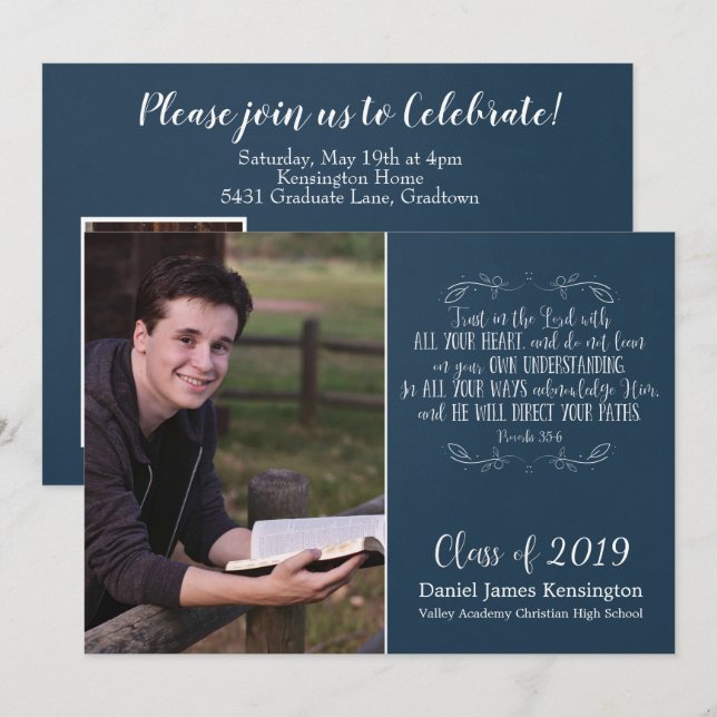 Modern Christian Bible Verse Graduation Photo Invitation (Front/Back)