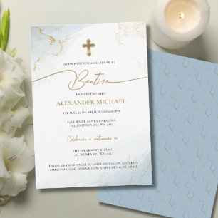 Modern Christian Blue Cross Boy Baptism Bautizo Invitation