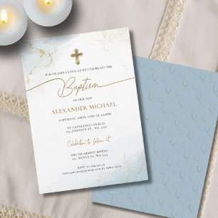 Modern Christian Blue Gold Cross Boy Baptism Invitation