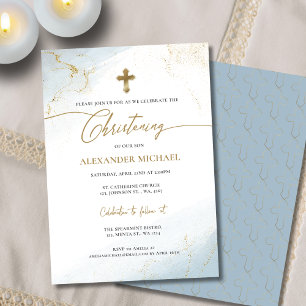 Modern Christian Blue Gold Cross Boy Christening Invitation