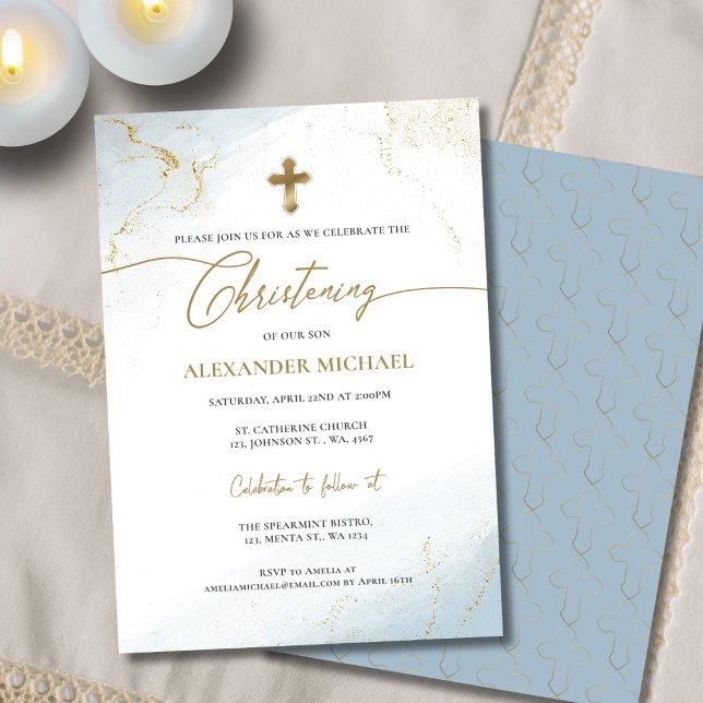 Modern Christian Blue Gold Cross Boy Christening Invitation (Creator Uploaded)