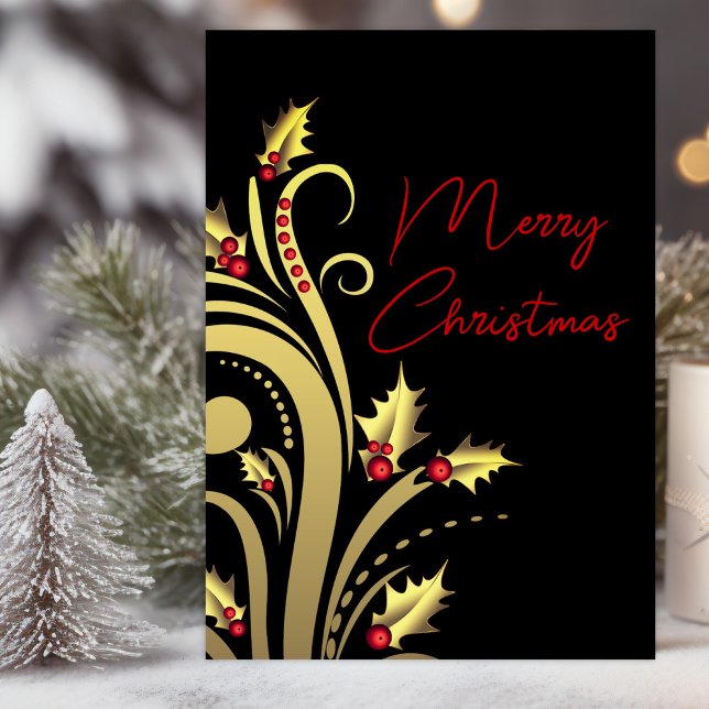Modern Christian Christmas  Holiday Card (Elegant red black gold holly Christian Christmas card with message you can change.)