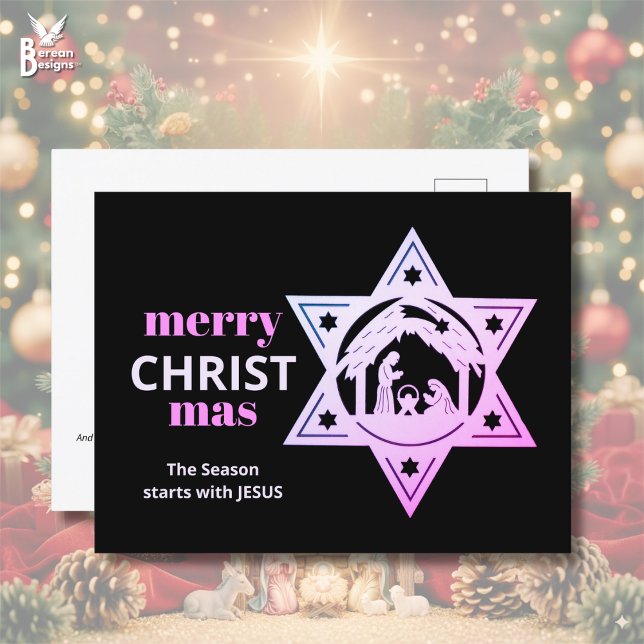 Modern Christian Nativity CHRISTmas Holiday Postcard (Stylish black/pink Christian Christmas Nativity postcard w/ customizable text for coworkers/friends)