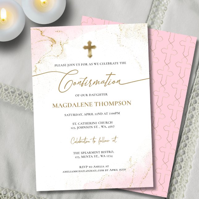Modern Christian Pink Gold Cross Girl Confirmation Invitation (Creator Uploaded)