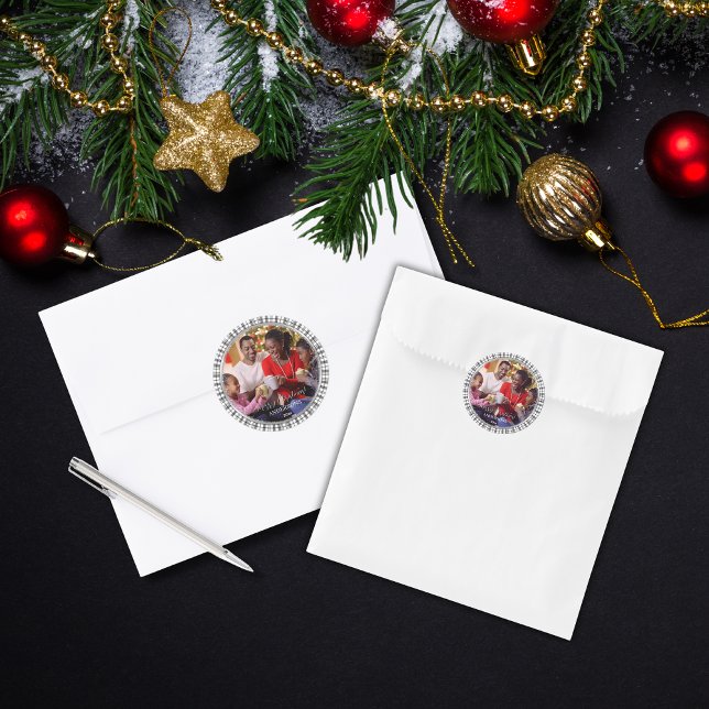 Modern Christmas 1 Photo Memory Black and White Classic Round Sticker (Creator Uploaded)