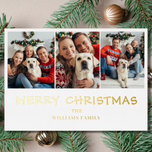 Modern Christmas 3 Photo Name Foil Holiday Card