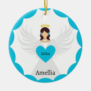 Modern Christmas Angel Blue Heart Custom Year Name Ceramic Tree Decoration
