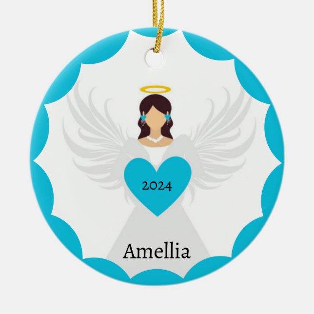 Modern Christmas Angel Blue Heart Custom Year Name Ceramic Tree Decoration (Front)