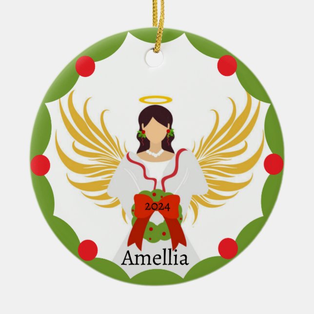 Modern Christmas Angel Red Green Holly Wreath Name Ceramic Tree Decoration (Front)