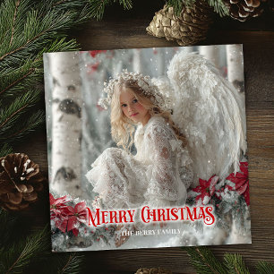 Modern Christmas angel red poinsettias seasonal Holiday Card