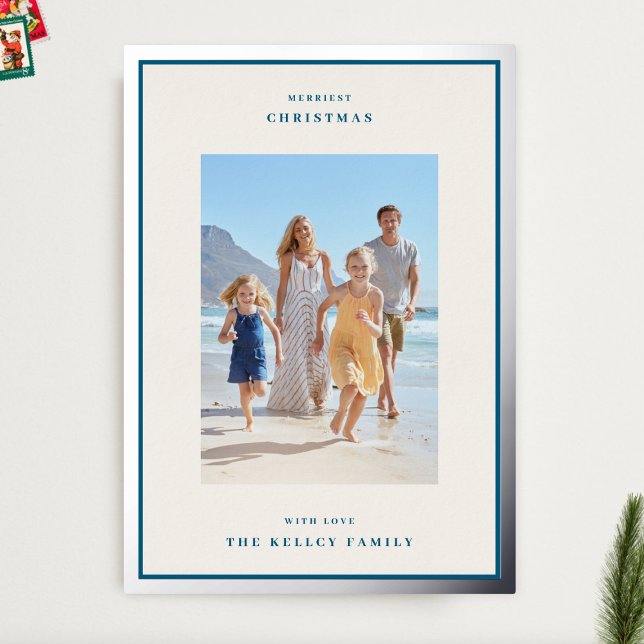 Modern Christmas Beige & Blue Photo Frame Silver (Creator Uploaded)