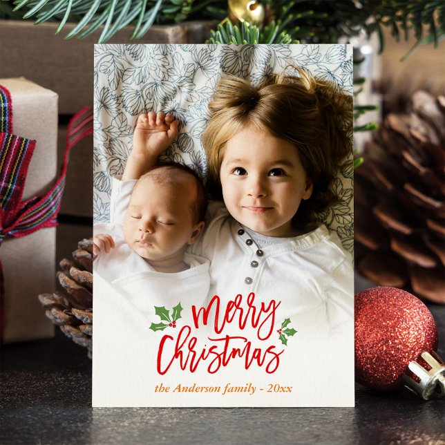 Modern Christmas Berries Snowflake Kids Photo Holiday Card (Creator Uploaded)