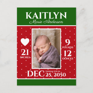 Modern Christmas Birth Announcement Newborn Stats Postcard