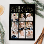 Modern Christmas Black 9 Photo Collage<br><div class="desc">Modern Christmas photo card featuring "Merry Christmas" displayed at the top of the design in trendy gold foil lettering with a black background. A photo collage of 9 photos is shown below in a grid-style layout. Personalise the multi-photo Christmas card with your family name. The foil card reverses to display...</div>