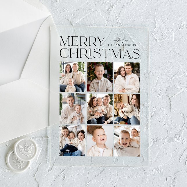 Modern Christmas Black 9 Photo Collage Holiday Acrylic Invitations (Creator Uploaded)