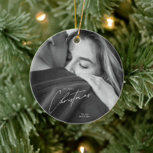 Modern Christmas Black and white couple photo Ceramic Tree Decoration