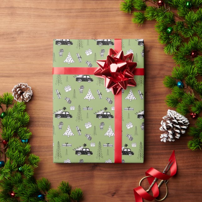 Modern Christmas Black and White Pattern on Green Wrapping Paper (Holiday Gift)