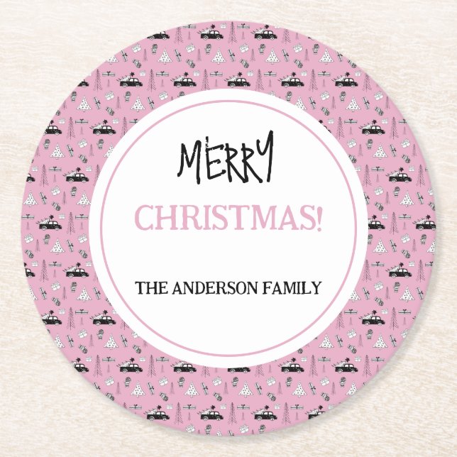 Modern Christmas Black and White Pattern on Pink Round Paper Coaster (Front)