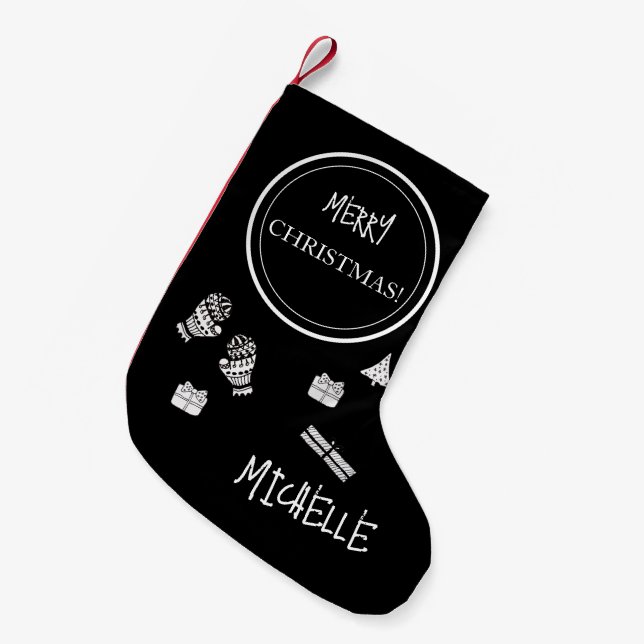 Modern Christmas Black and White Personalised Small Christmas Stocking (Front (Hanging))