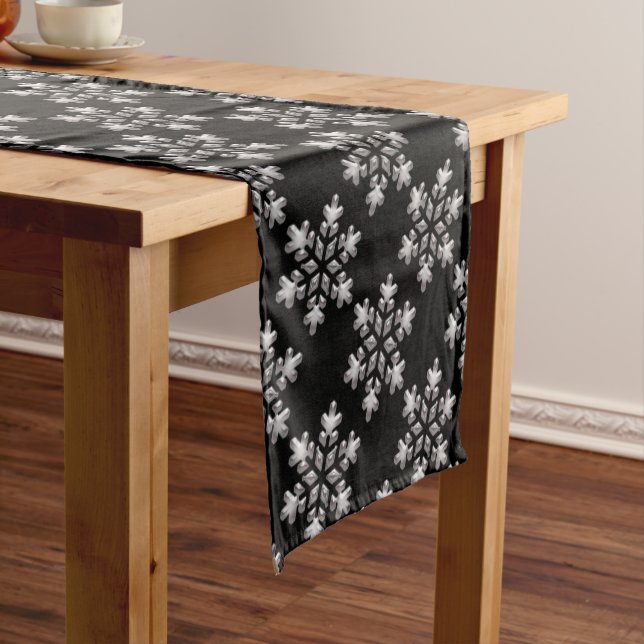 Modern Christmas Black And White Snowflake Pattern Short Table Runner (In Situ)