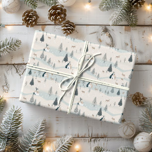 Modern Christmas Blue and Tan Snowy Village Wrapping Paper