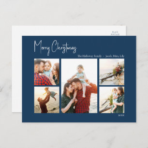 Modern Christmas   Blue Script Five-Photo Holiday Postcard
