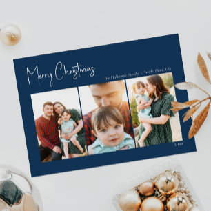 Modern Christmas Blue Three-Photo Holiday Card