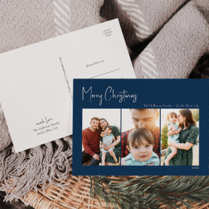 Modern Christmas Blue Three-Photo Holiday Postcard