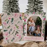 Modern Christmas Blush Pink Greenery Arch 1 Photo Holiday Card<br><div class="desc">This collection features watercolor bright pink florals,  berries & winter greenery with modern & elegant typography,  with a winter botanical pattern back.</div>