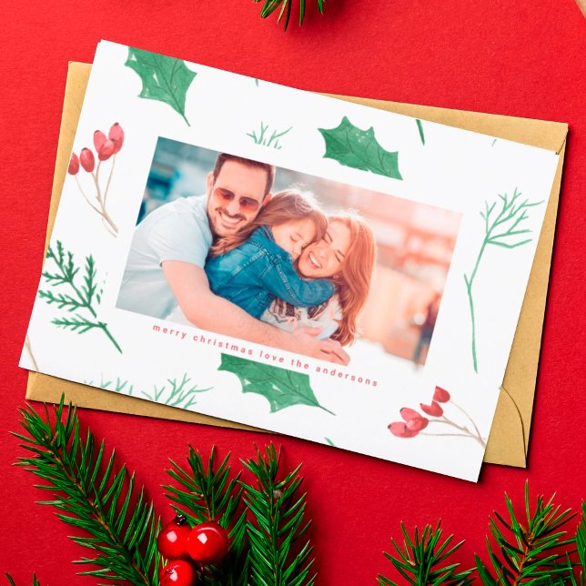 Modern Christmas Botanicals In The Snow Photo Holiday Card (Creator Uploaded)