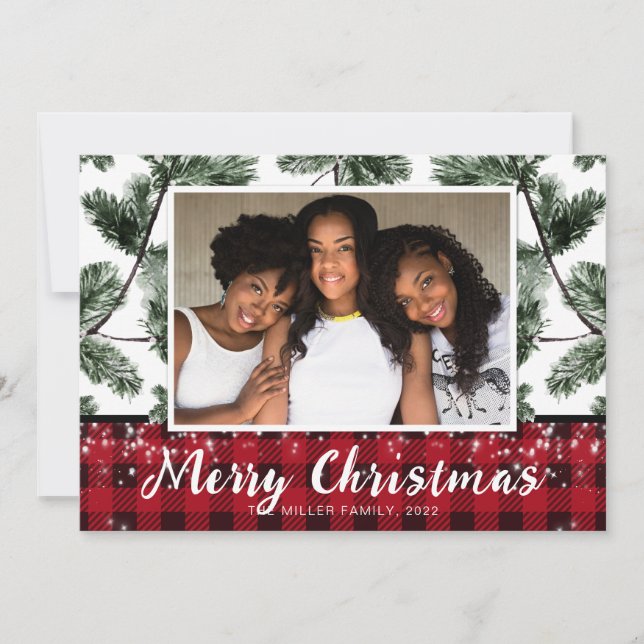 Modern Christmas buffalo plaid photo holiday card (Front)