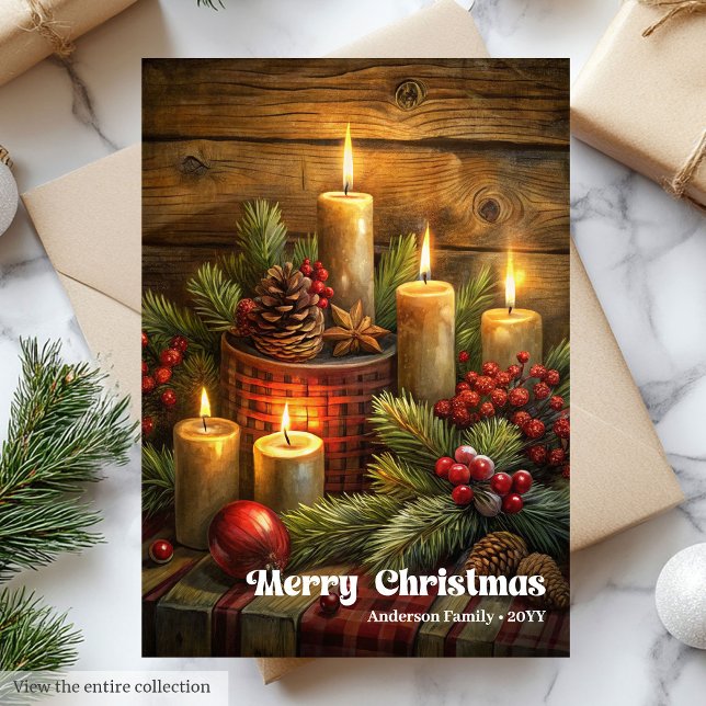 Modern Christmas candles vintage wreath festive Holiday Card (Modern Christmas bells vintage wreath festive card)