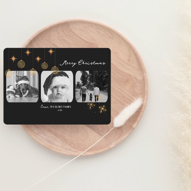 Modern Christmas Card | Elegant Gold Triple-Photo (Creator Uploaded)