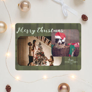 Modern Christmas Card Olive Plaid Double-Photo